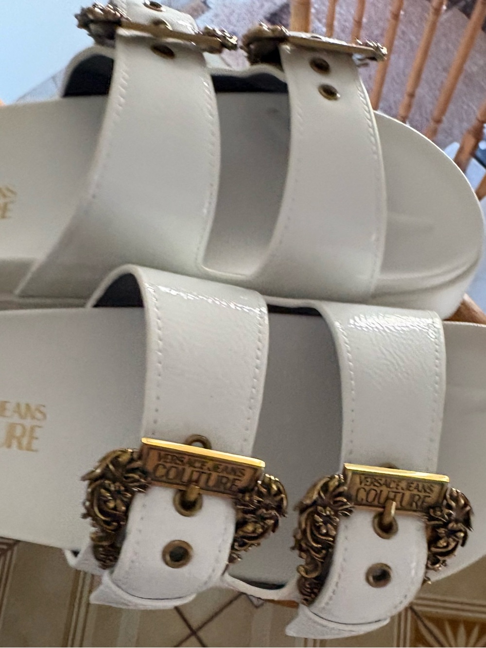 Versace Jeans Collection White Double Strap Sandals with Gold Buckles. Authentic